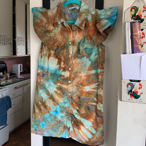 Zara tank top denim mini ruffle dress, ice toe dye - Picture 1 of 11